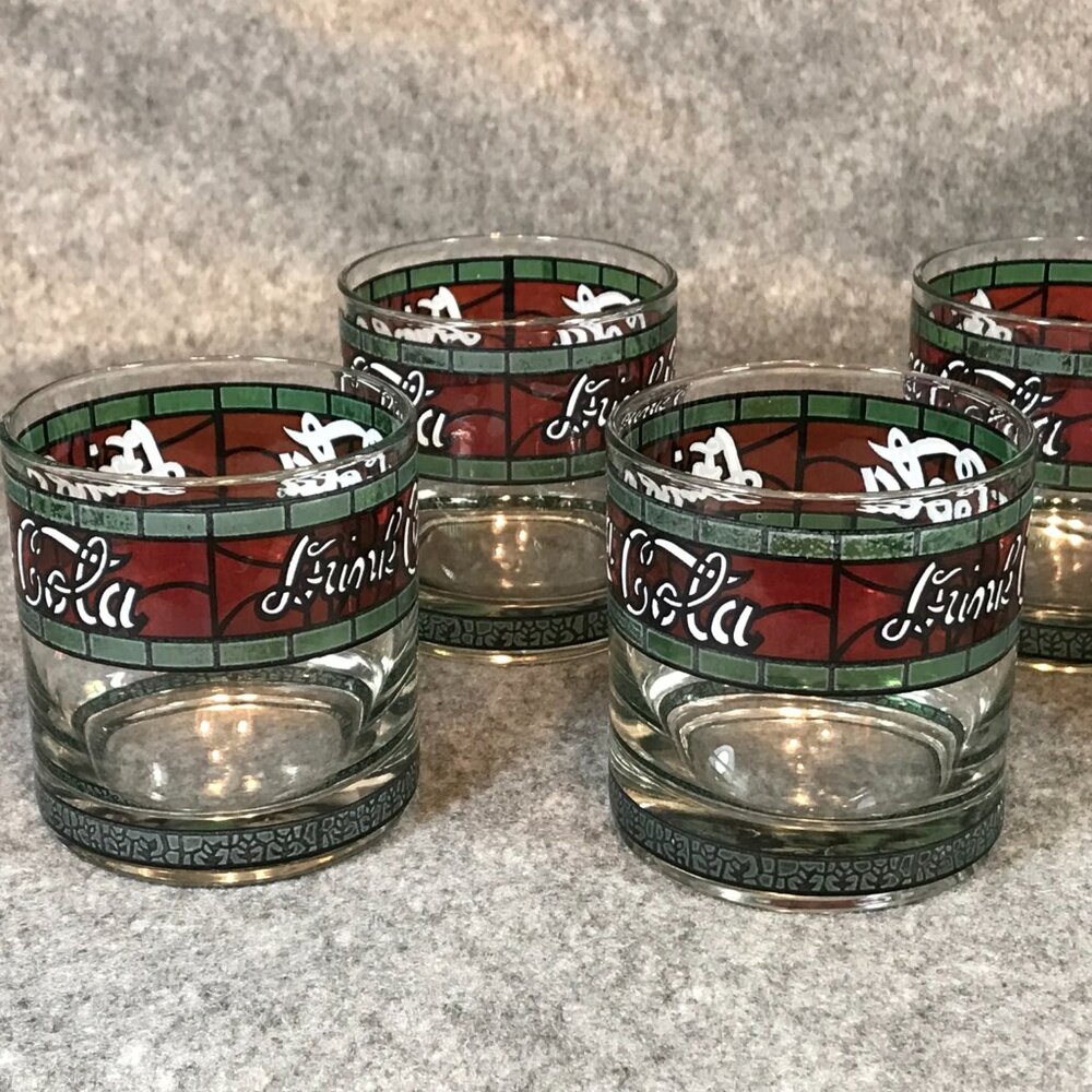 6 Coca Cola Glasses Vintage Tiffany Style Stained "Drink Coca Cola" Glass - Picture 6 of 12